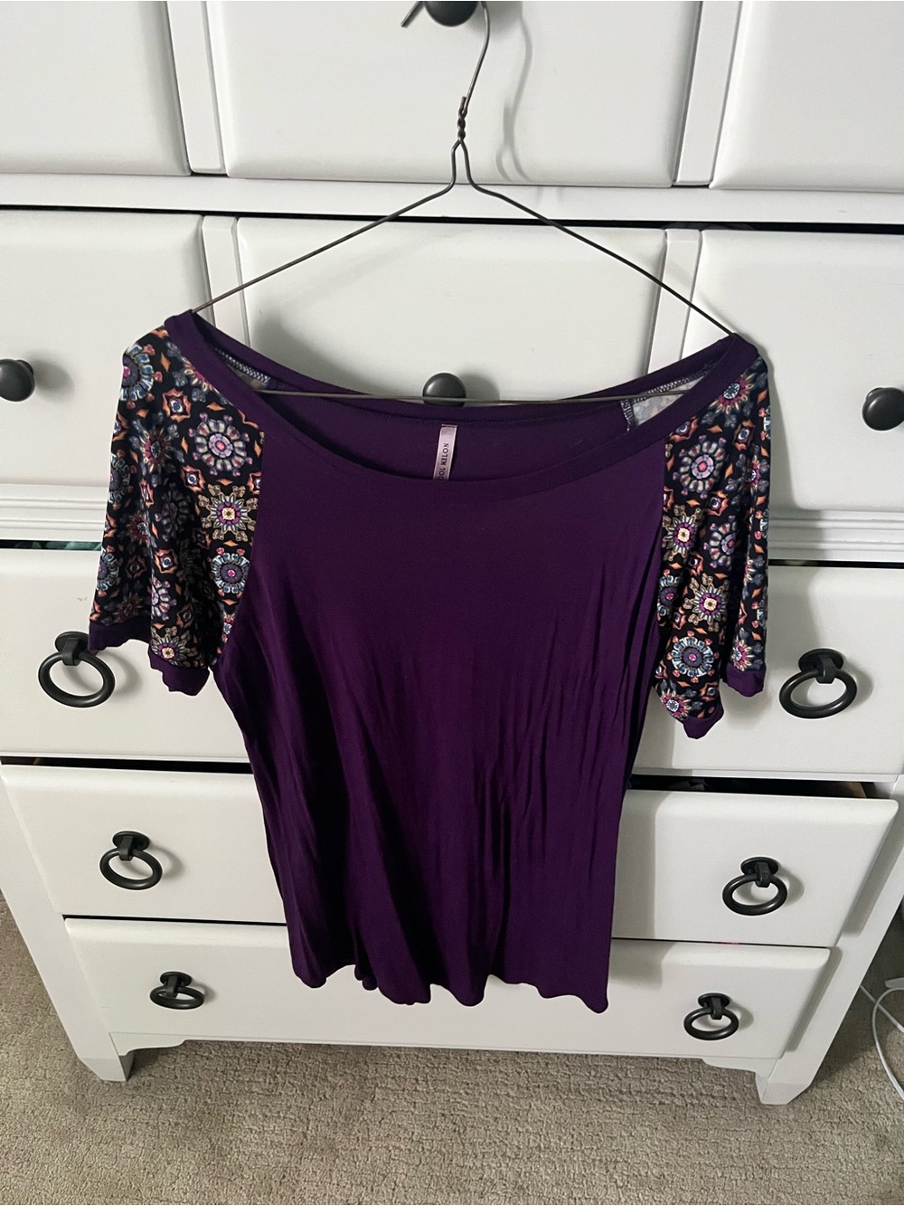 Women's Purple Scoop Neck Tee with Patterned Raglan Short Sleeves